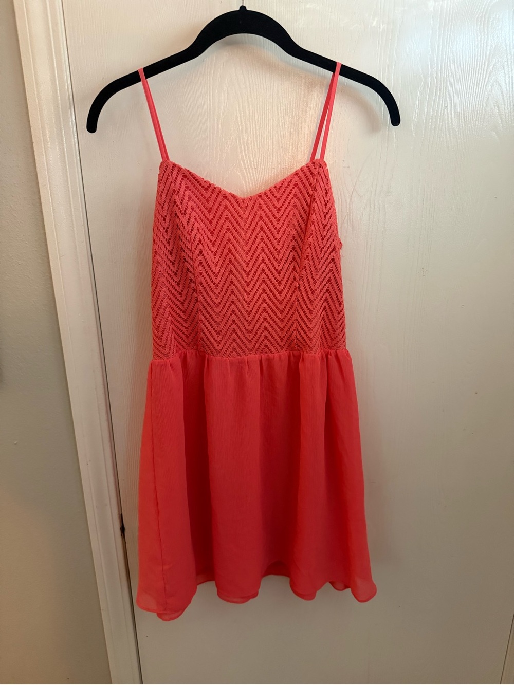 Candie's Coral Spaghetti-Strap Dress with Chevron Bodice